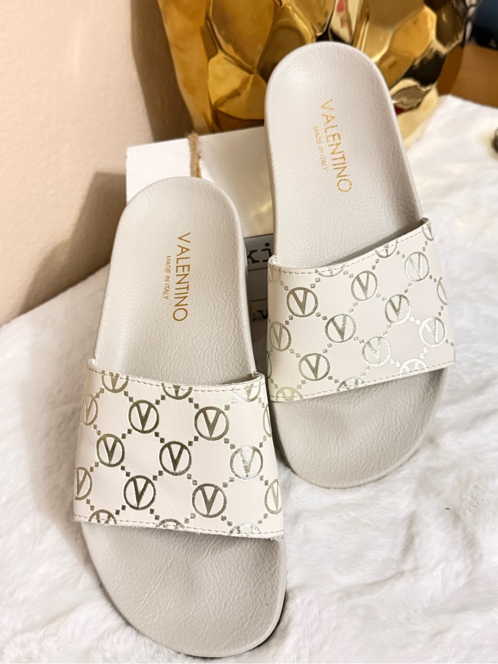 Valentino Cream Logo Print Slide Sandals